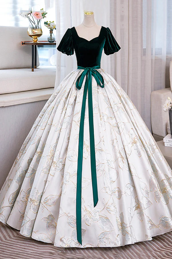 Wholesale Green Velvet Floor-Length Printing Prom Dresses A-Line Short Sleeve Evening Formal Dresses